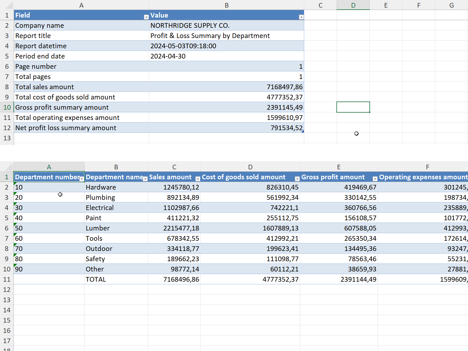 Placeholder spreadsheet showing the exported table in an Excel-style layout with headers and grid cells.
